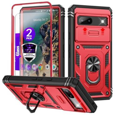 Imagem de Capa para Google Pixel 7A com capa deslizante para câmera, 2 protetores de tela de vidro temperado, suporte de anel giratório de 360°, capa protetora de grau militar para Google Pixel 7A 6,1 polegadas