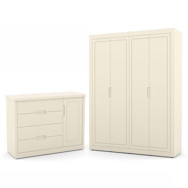 Imagem de Jogo De Quarto Infantil Com Guarda Roupa 4 Portas E Cômoda Tutto New Off White - Matic Móveis Off White