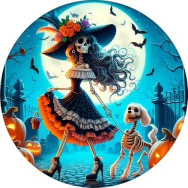 Imagem de Decoração Festa Halloween Painel Redondo Sublimado Caveira Mexicana Grande 150 cm + Suporte (Azul Laranja)
