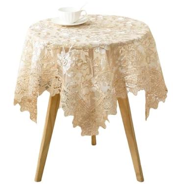 Imagem de Fhberni Toalha de mesa floral bege redonda – Capa de mesa decorativa elegante bordada de renda para café e casamento (bege, 89 cm redonda)