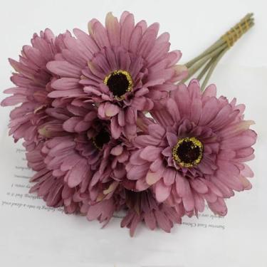 Imagem de Buquê de 6 flores artificiais de gérbera de seda, decoração de mesa para casamento, varandas, margaridas falsas, crisântemos, decoração para festa e casa (um buquê com 6 peças/roxo)