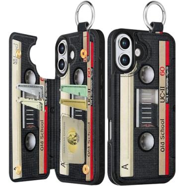 Imagem de Shorogyt Capa carteira compatível com iPhone 17 com suporte para cartão - Design bonito de fita de CD com suporte para fecho magnético traseiro Flip Folio Capas de telefone de couro para mulheres