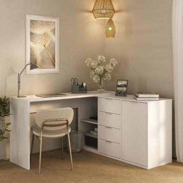 Imagem de Escrivaninha Versátil em L ou Extensível 4 Gavetas 1 Porta 2 Nichos Branco