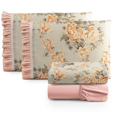 Imagem de Jogo Cama Lençol Fiore Queen Estampado 180 Fios 100% Algodão com Babadinho 4 Peças Salmão Floral