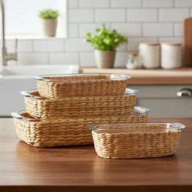 Imagem de Travessa e Assadeira Refratárias 4un Vidro com Suporte de Rattan