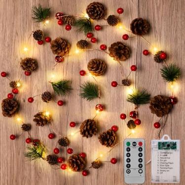 Imagem de JOHUNT Guirlanda de Natal com luzes, 20 LEDs 20 LEDs Red Berry Pine Cone operado a pilha, guirlanda de luzes com 8 modos, controle remoto de Natal interno e externo para decoração de Natal em casa (1