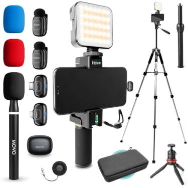 Imagem de Movo Kit de vlogging sem fio iVlogger-PRO para iPhone/Android com tripé de tamanho completo - Kit iniciante do YouTube com microfone sem fio, tripé, luz LED para criadores de conteúdo