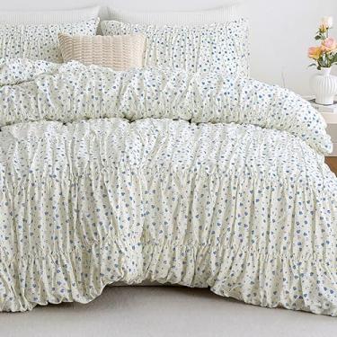 Imagem de Herside Capa de edredom franzida tamanho Queen, conjunto de capa de edredom floral 100% algodão com fecho de bolso, 3 peças, macio e respirável, flores reversíveis, vintage, chique, conjunto de cama
