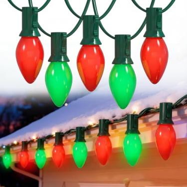 Imagem de Pallerina C7 Luzes de Natal externas - Luzes de Natal vermelhas e verdes de 7,6 m com 27 lâmpadas de cerâmica (2 sobressalentes), luz de árvore de Natal extensível à prova d'água para quintal de festa