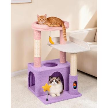 Imagem de Torre de gato fofa de 81 cm para gatos em ambientes internos com condomínio para gatos, plataforma de pelúcia, rede, postes de arranhar de sisal, bola pendurada, torre de árvore alta para gatos com