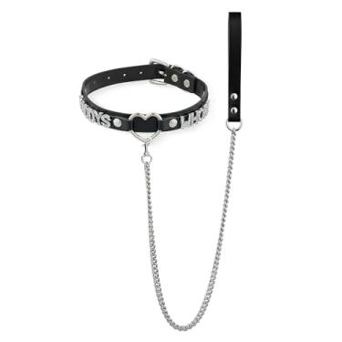 Imagem de Conjunto de coleira e coleira de couro com coração preto, gargantilha gótica ajustável com letras de strass 96 cm, correia de corrente de alumínio durável