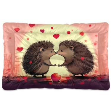 Imagem de Wassud Happy Hedgehogs Cama de cachorro com corações desenhados à mão, camas grandes para cães ao ar livre, tapete lavável para animais de estimação, cama de gato para dormir, viagens, 46 x 61 cm