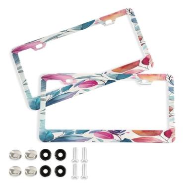 Imagem de Wassud Moldura de placa de licença de folhas de outono com parafusos, 2 pacotes de molduras decorativas de etiqueta de carro de alumínio, acessórios universais de carro para mulheres e homens