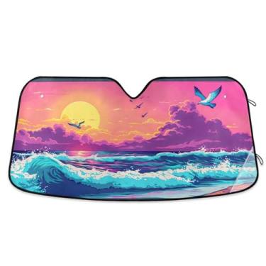 Imagem de Qilmy Pintura, pôr do sol, praia, pára-brisa de carro, protetor de viseira dobrável, mantém fresco, bloqueia raios UV e acessórios para proteger carros, SUVs, caminhões-M1691