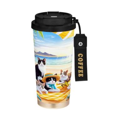 Imagem de STAYTOP Caneca de café de viagem com isolamento térmico de cena de praia com seis gatos, 500 ml, copo de café de aço inoxidável reutilizável com tampa flip à prova de vazamento para escritório, escola