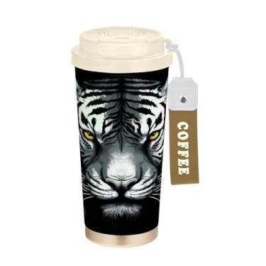 Imagem de YETTASBIN Caneca de café Tiger com isolamento térmico de 482 g com tampa canudo, copo à prova de derramamento e vazamento com alça para bebida quente e fria, garrafa de água de aço inoxidável