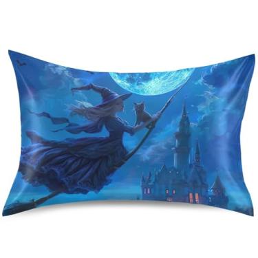 Imagem de Capa de almofada de cetim Mystic Moon Witch Castle Capas de almofada de resfriamento padrão King Queen Presentes de animais decoração de cama, tamanho padrão, 66 cm x 50 cm