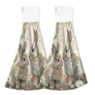 Imagem de Spring Bunnies toalhas de mão de coelho da Páscoa primavera com laços para pendurar toalhas de chá de forno absorventes conjunto de 2, toalha de prato decorativa personalizada para cozinha 18,2 x 14