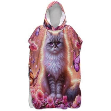 Imagem de Joisal Roupão absorvente para troca de poncho de surfe para toalha de banho com capuz de praia rosa gato fofo ponchos adultos para mulheres