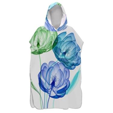 Imagem de TSENQUE Poncho de surfe trocador roupão adulto praia moletom toalha floral vestível feminino ponchos com capuz flores azul branco floral