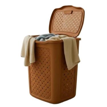 Imagem de Cesto de Roupa Suja 45L Plástico Reforçado Alça Resistente Rattan para Lavanderia, Banheiro e Quarto Famílias(MARROM CARAMELO)