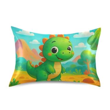 Imagem de Capas de travesseiro padrão King Queen Cute Cartoon Dinosaur Green Satin Cool Pillow Cartoon Cooling Bed Care Hair Care King Size 101,6 cm x 50,8 cm