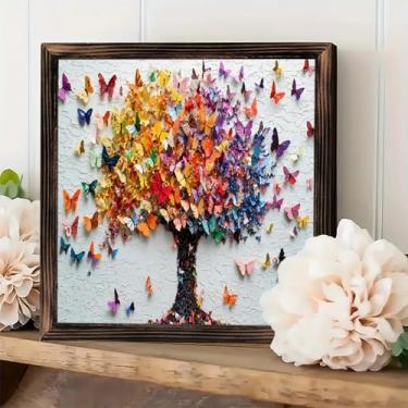Imagem de Placa de parede emoldurada vintage rústica - borboletas arco-íris árvore arte decoração de mesa 20 x 20 cm - presentes para casa de fazenda, cafés, lojas, quarto, banheiro, casa e escritório