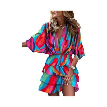 Imagem de Vestido Casual Mini Com Decote Em V, Manga Morcego, Cintura Elástica E