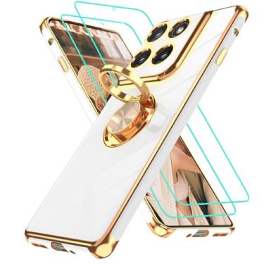 Imagem de Gritup Capa para Motorola Moto Edge 2025: 2 peças, protetor de tela, suporte magnético de rotação de 360°, capa protetora de TPU macio com borda dourada, branca