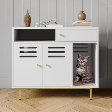 Imagem de GarveeLife Caixa de areia para gatos, móveis de caixa de areia oculta com 2 compartimentos de armazenamento, tapete para arranhões, banheiro interno para animais de estimação, caixa de areia à prova