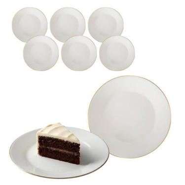 Imagem de Kit 6 Prato Redondo Sobremesa Opaline Branco Borda Dourada - Haüskraft