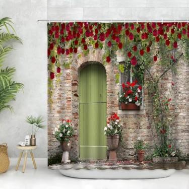 Imagem de Conjunto de cortina de chuveiro retrô com paisagem urbana flor planta vintage porta de madeira pedra tijolo parede banheiro banheiro decoração de banheira com ganchos 168 x 169 cm/L x A cortina de