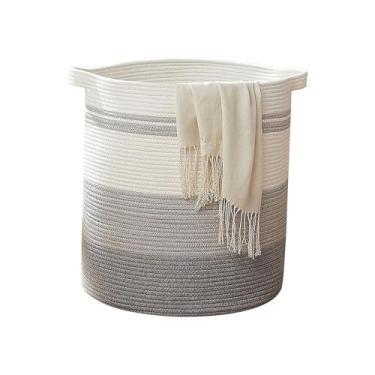 Imagem de Cobertor alto cesto de roupa suja grande corda de algodão tecido à mão cesto de roupa suja cesto de armazenamento decorativo balde de armazenamento de brinquedos domésticos para roupas sujas cesto de