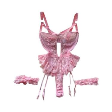 Imagem de Conjunto De Lingerie Feminina Sensual De Renda E Malha Transparente Co