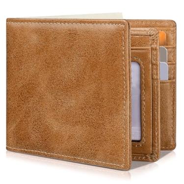 Imagem de Carteira masculina de couro genuíno com bloqueio de RFID, 1 janela para identidade, 13 porta-cartões, 2 bolsos para dinheiro, caixa de presente., Marrom claro, 11*1.5*9cm, Carteiras