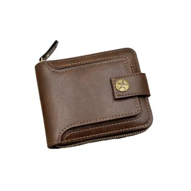 Imagem de Carteira masculina vintage com zíper, couro sintético 2026 com 8 compartimentos para cartão e bolso para moedas, dobra dupla segura de grande capacidade, Marrom claro, Tendência