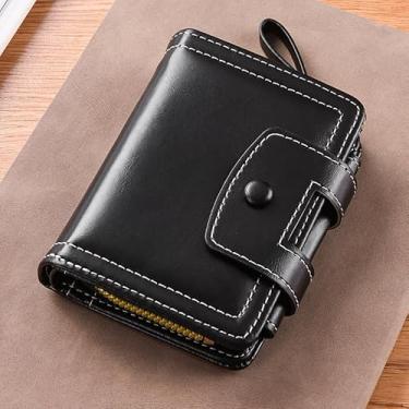 Imagem de Carteira masculina fina com bolso com zíper – Organizador compacto de poliuretano com 12 compartimentos, 12 x 10 cm (preto, café, marrom claro, cáqui), Preto, Retrô