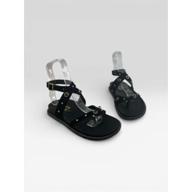 Imagem de Sandália Rasteira Feminina Com Tiras E Tachas Camurca Preto/Preto - LI