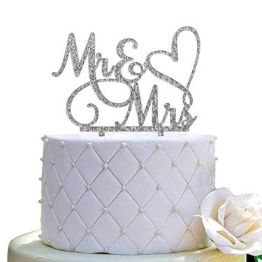 Imagem de Topo de bolo Mr and Mrs - placa de noiva e noivo para casamento, decoração de topo de bolo de noivado, acrílico prateado com glitter