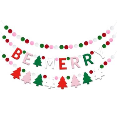 Imagem de Doumeny 3 peças Be Merry Felt Banner Guirlanda Árvore de Natal Bola de Feltro Guirlanda Árvore de Natal Pompom Bunting Banner Feliz Natal Faixa Colorida de Festa Faixa Pendurada de Inverno para