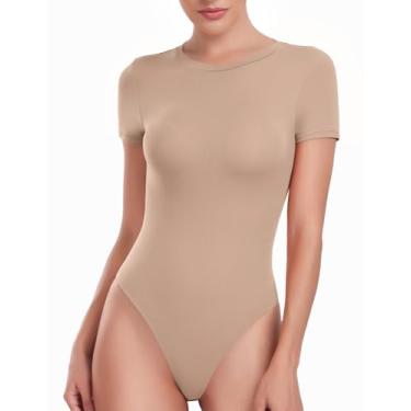 Imagem de HeyNuts Body feminino de camada dupla ultramacia de manga curta e gola redonda, camiseta básica casual, Mica branca, M