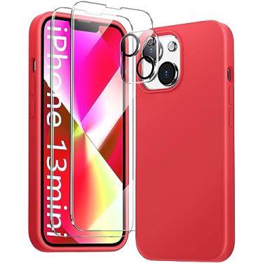 Imagem de JTWIE [Capa 5 em 1 para iPhone 13 Mini 5,4 polegadas, com 2 películas protetoras de tela + 2 pacotes de protetores de lente de câmera, capa protetora fina de silicone líquido à prova de choque (vermelha)
