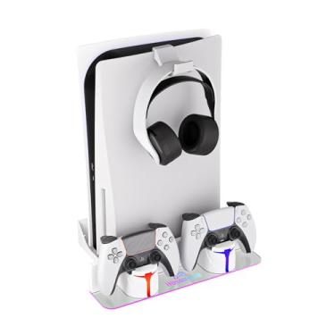 Imagem de Hosanwell Kit de suporte de parede PS5 com estação de carregamento, compatível com PlayStation 5/Slim/Pro Disc e versão digital, estação de carregamento de uso duplo com luz RGB multimodo, branco