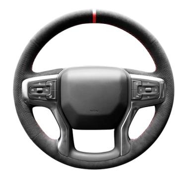 Imagem de Alfanxi Capa de volante Alcantara costurada à mão compatível com Chevrolet Chevy Silverado 1500 2019-2023 (listra vermelha)