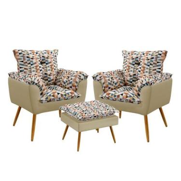 Imagem de Kit 2 Poltronas Almofadadas Beta com Puff Lunar Sued Estampado Laranja