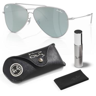 Imagem de Ray-Ban Óculos de sol RBR0101S LENNY KRAVITZ X AVIATOR REVERSE com kit de óculos – protetores de nariz ajustáveis, Armação prateada polida | Lente prateada, 62 mm
