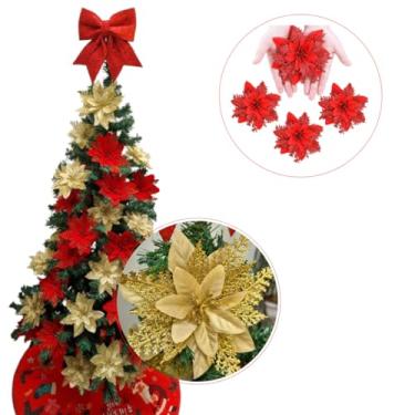 Imagem de Árvore De Natal Decorada 1,50m 300 Galhos Flor Laço Luxuosa Pinheiro Verde Ártificial Cedros Enfeites Decoração Festa Bola Natalino Flores Pendurar Ornamentos (Vermelha-Dourada)