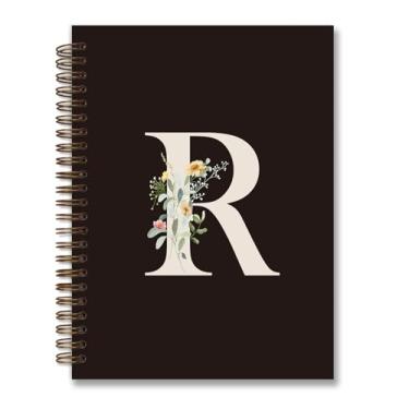 Imagem de foedor Caderno espiral de capa dura personalizado moderno, caderno preto com letra R, presentes com monograma para mulheres adolescentes, caderno espiral de capa dura pautado para faculdade, 14 x 21