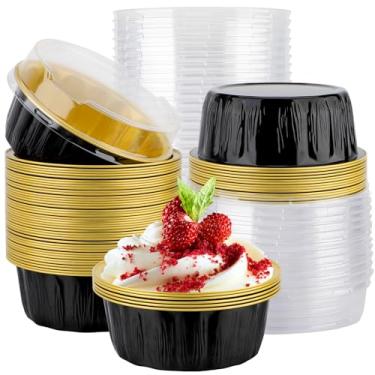 Imagem de EUSOAR Recipiente de armazenamento de bolo, 50 peças de copos redondos de alumínio preto de 255 g com tampas, forros de cupcake de alumínio para padaria, cheesecakes, torta, brownie, brownie, para