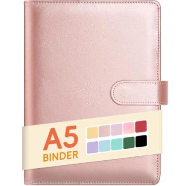 Imagem de Sooez A5 fichário de cartão fotográfico para notebook, 6 anéis com design elegante, capa organizadora pessoal de folha solta com fivela magnética, fichário de couro PU com cores macaron (ouro rosa)